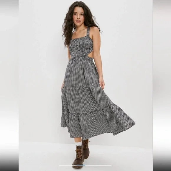 AE Smocked Cut-Out Gingham Black and White Midi Dress - Picture 1 of 11